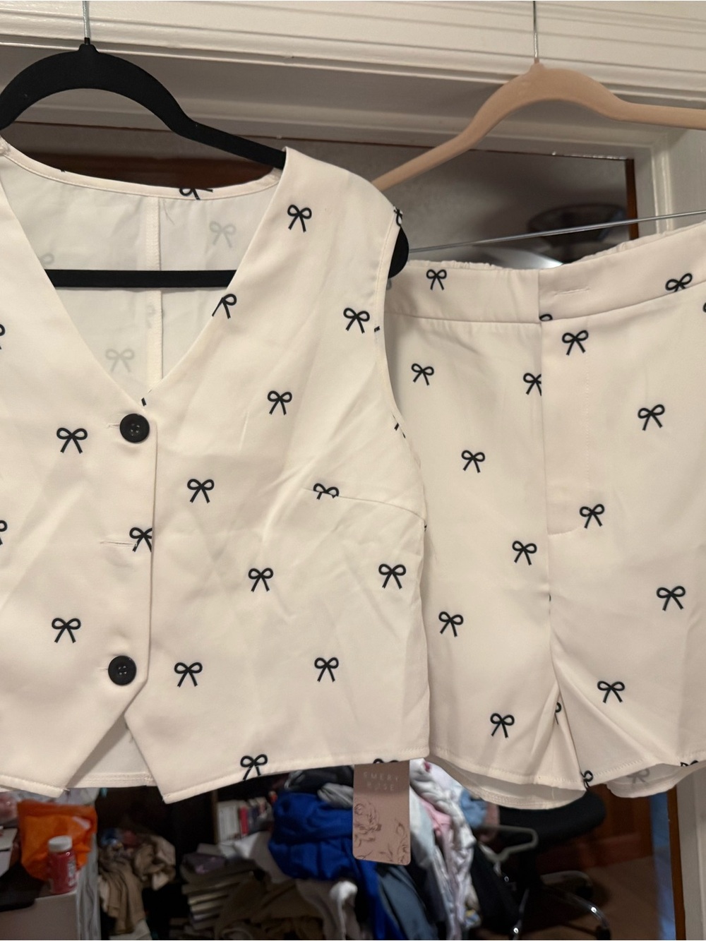 SHEIN Cream Two-Piece Bow Print Shorts & Vest Set
